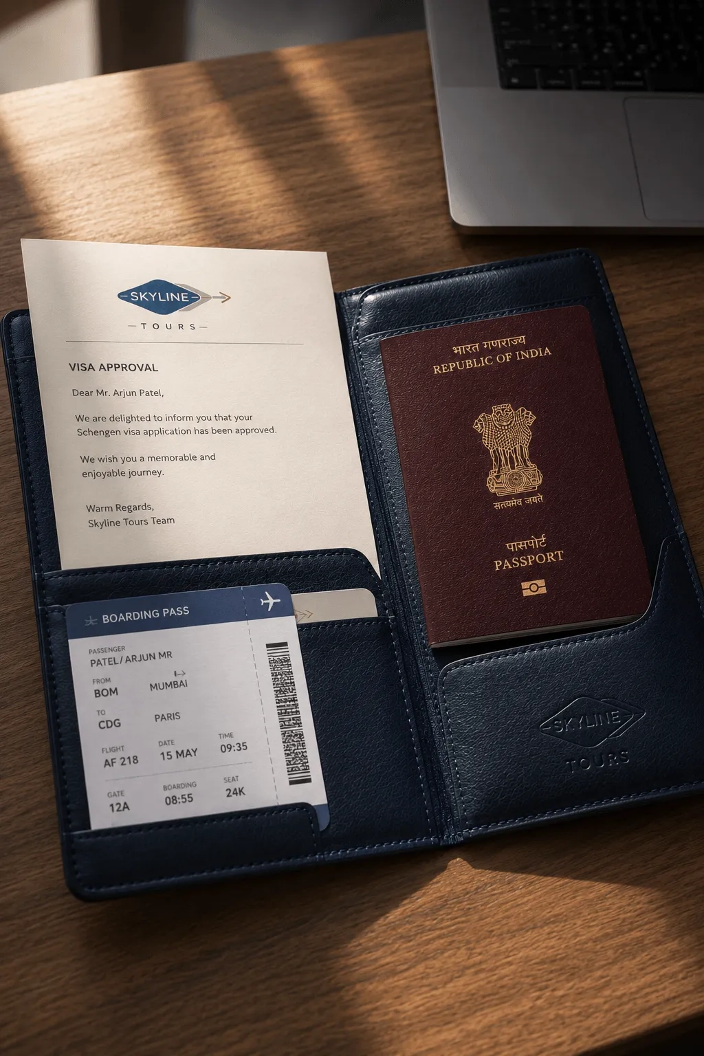 Passport, visa documents, and boarding pass in a leather folder